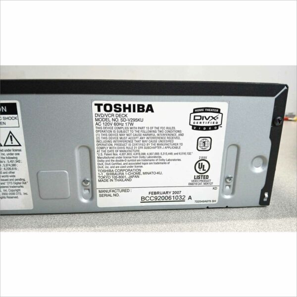 TOSHIBA SD-V295KU DVD/VHS Video Cassette Recorder SN#BCC920061032A